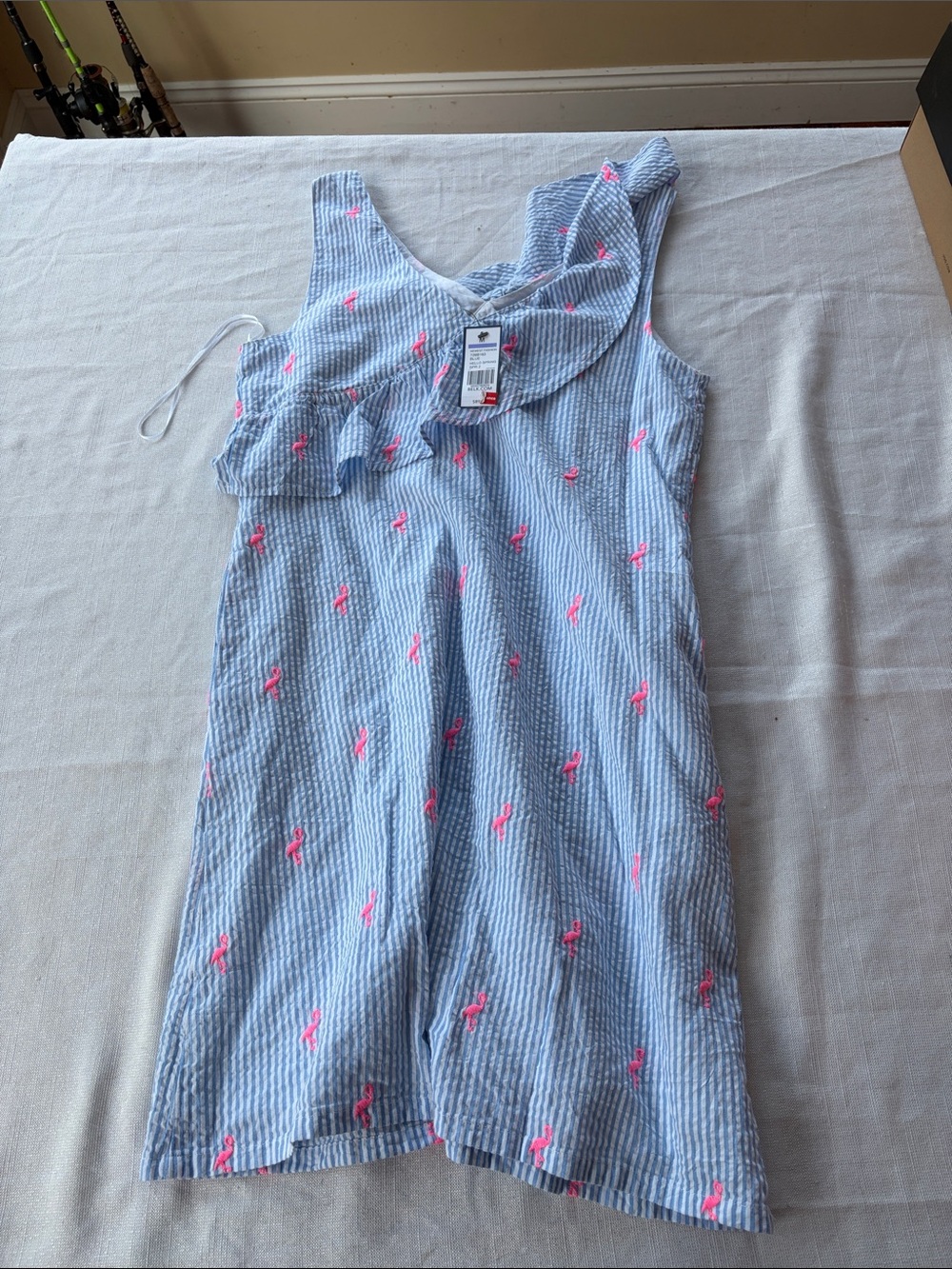 crown & ivy Light Blue Seersucker Dress with Pink Embroidery